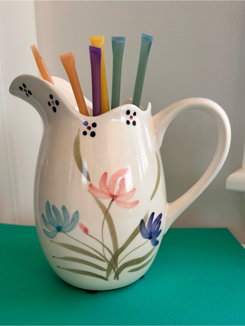 Restyle! 1970s Roseville Pottery Floral Ceramic Pitcher Vase Honey stick holder